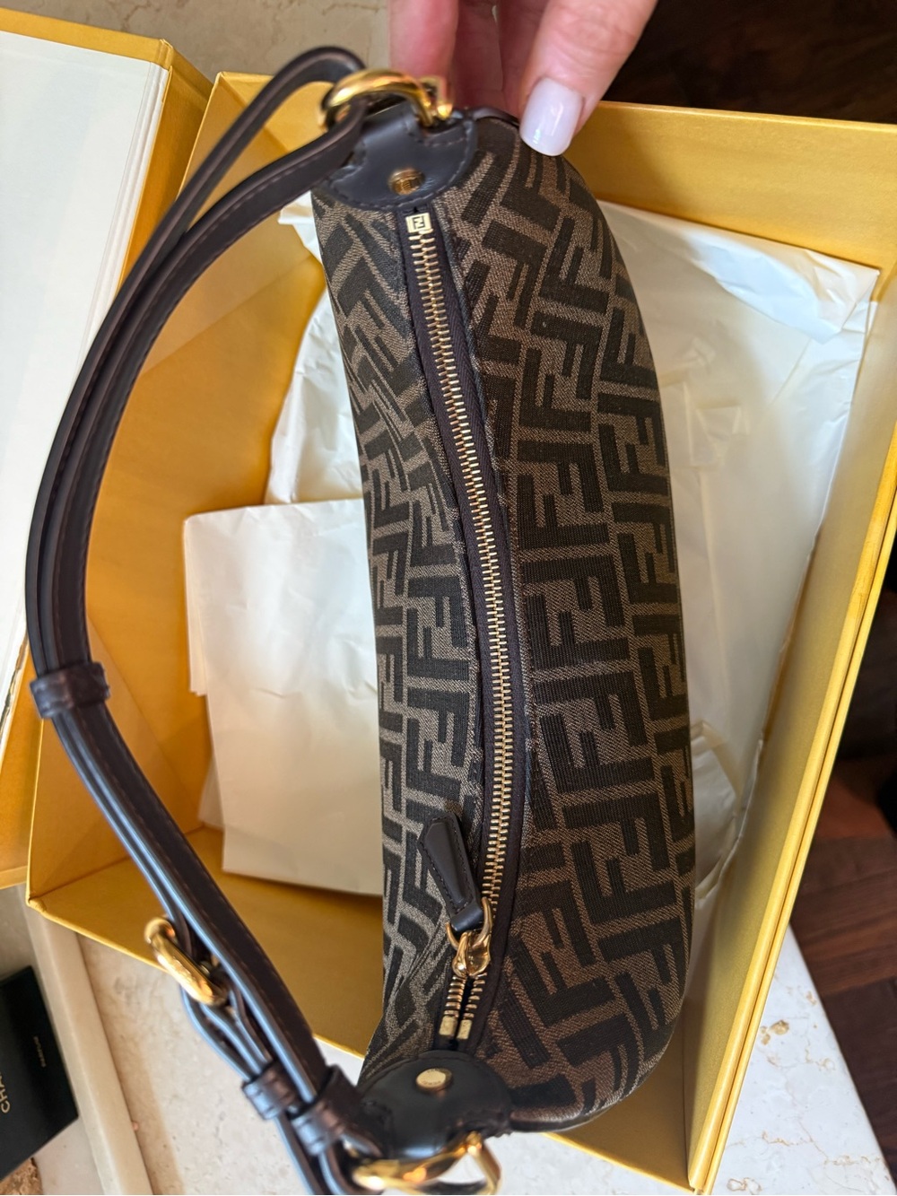 Fendi Brown and Black FF Logo Baguette Shoulder Bag with Gold Hardware - Picture 10 of 16